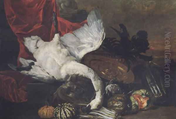 Elaborate still life with fruits, vegetables, a salver and a swan before a draped pedestal, a landscape beyond Oil Painting by Peeter Boel