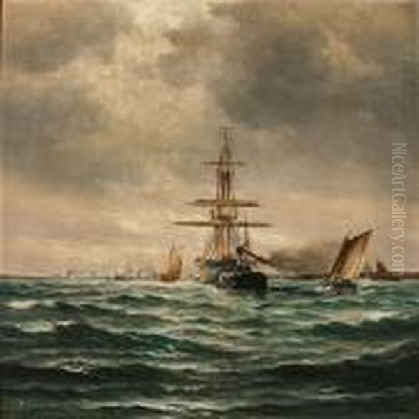 A Tug Towing A Large Sailing Ship Out Of Copenhagenharbour Oil Painting by Vilhelm Bille