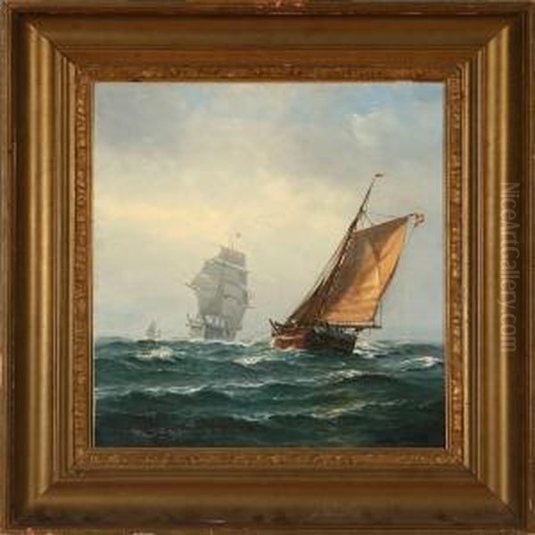 Seascape With Sailingships On Open Sea Oil Painting by Vilhelm Bille