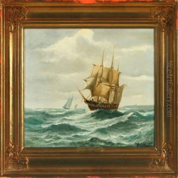 Warship At Sea Oil Painting by Vilhelm Bille