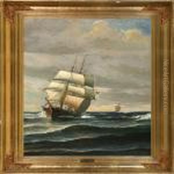 Marine With Saling Ship On Sea Oil Painting by Vilhelm Bille