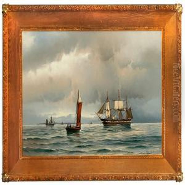 Marine With The Danish Frigate Jylland On Open Sea In Calm Evening Weather Oil Painting by Vilhelm Bille