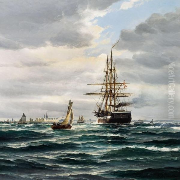 A Seascape Offkronborg Oil Painting by Vilhelm Bille