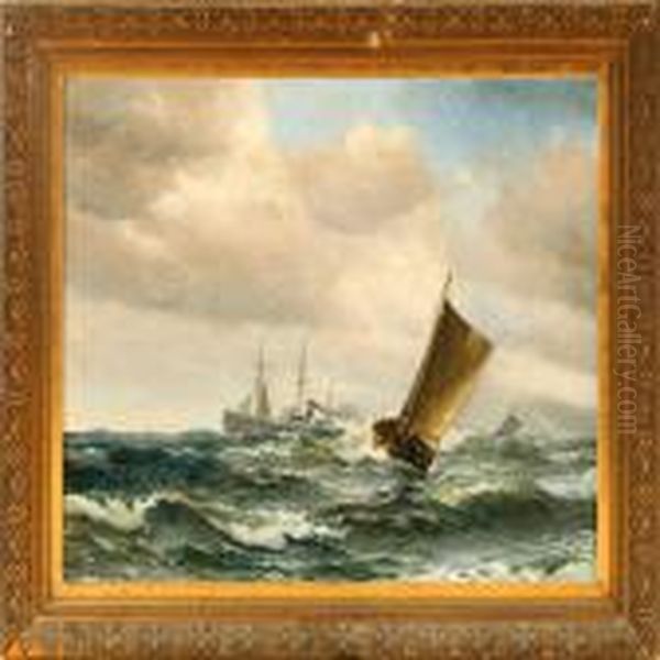 Fishing Vessels And A Steamer In Heavy Sea Oil Painting by Vilhelm Bille