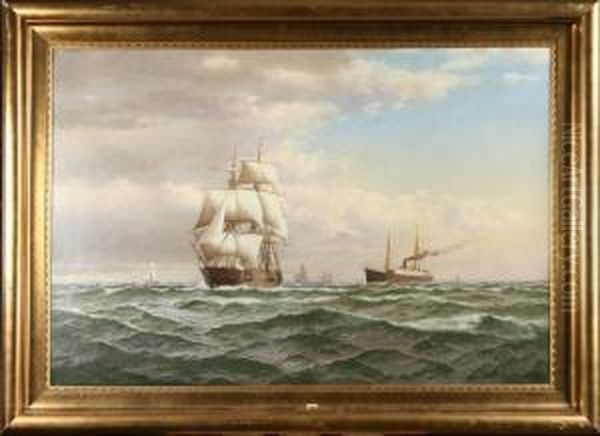 Marinmed Segelfartyg Och Angbat Oil Painting by Vilhelm Bille