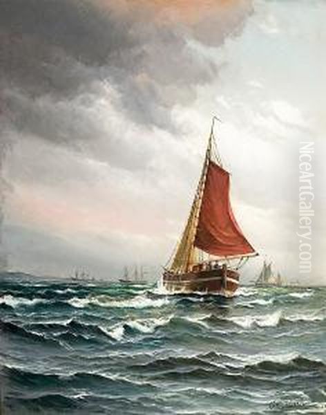 Ships In Stormy Weather. Signed Vilh. Bille Oil Painting by Vilhelm Bille