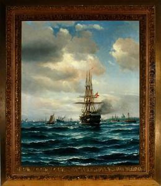 Marine With Several Ships In Copenhagen Harbour Oil Painting by Vilhelm Bille