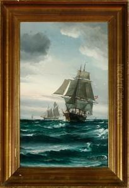 Marine With Danish Sailing Ships In Heavy Sea Oil Painting by Vilhelm Bille