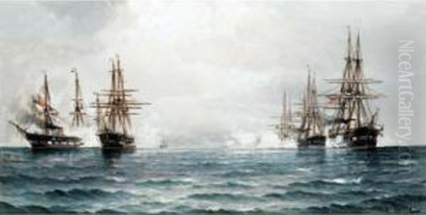 Engagement Between A Danish And A Dutch Fleet Oil Painting by Vilhelm Bille