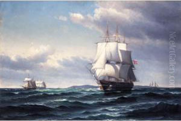 A Danish Frigate Off The Coast Oil Painting by Vilhelm Bille