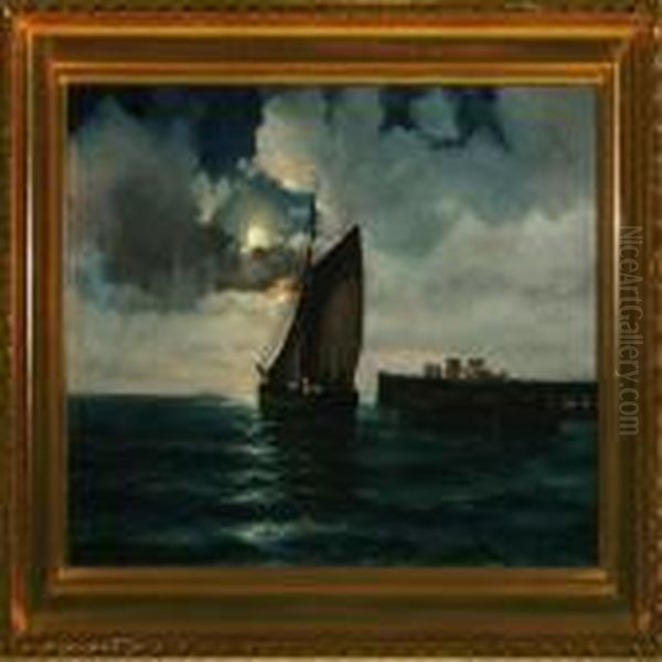 Fishing Boat In The Moonlight Oil Painting by Willy Bille