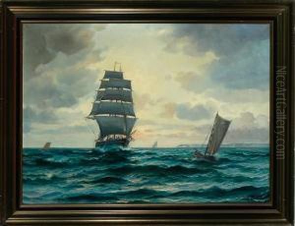 Danish Marine With A Brig On Open Sea Oil Painting by Willy Bille