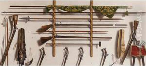 A Trompe L'oeil Of A Leading 
Staff, A Partizan, A Matchlock Musket, A Longbow, A Fowling Piece And 
Other Weaponry Hanging On A Wall Oil Painting by Jacobus Biltius