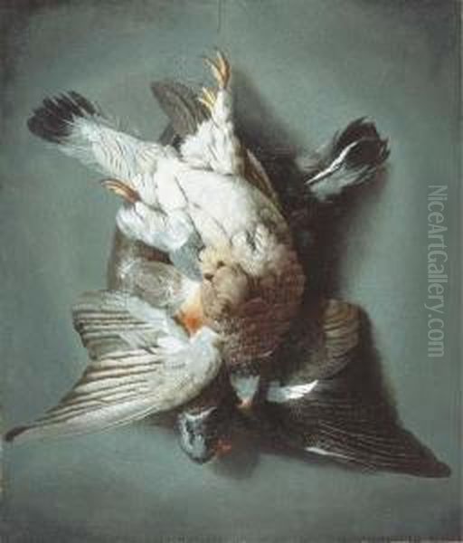 A Brace Of Woodpigeon Hanging From A String Against A Wall by Jacobus Biltius