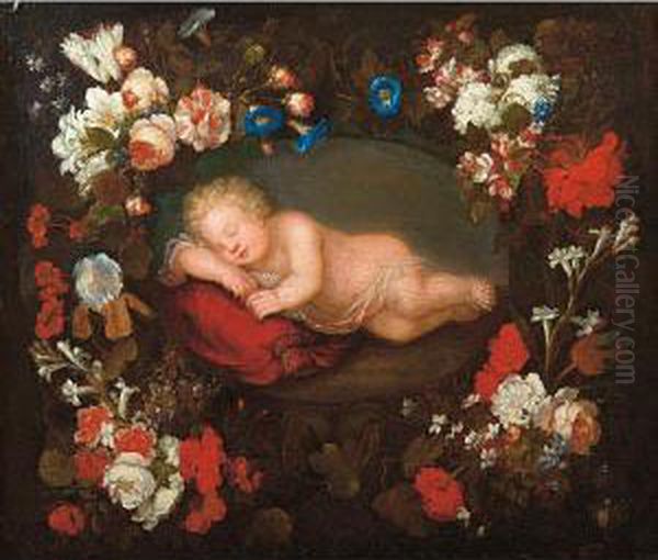 Putto Dormiente Entro Corona Di Fiori Oil Painting by Bartolommeo Bimbi