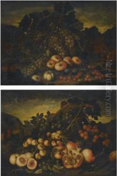 A Still Life With Pears, Peaches, Pomegranates, Plums Andtangerines In A Landscape Oil Painting by Bartolommeo Bimbi