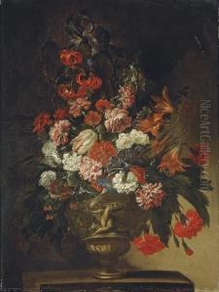 Bouquet De Fleurs Dans Un Vase En Bronze Sur Un Entablement Oil Painting by Bartolommeo Bimbi