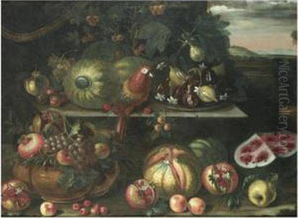 A Still Life With Watermelons, 
Figs, A Parrot And Grapes On A Stone Ledge, Together With Pomegrantes, 
Pumpkins And Apples, A Landscape Beyond Oil Painting by Bartolommeo Bimbi