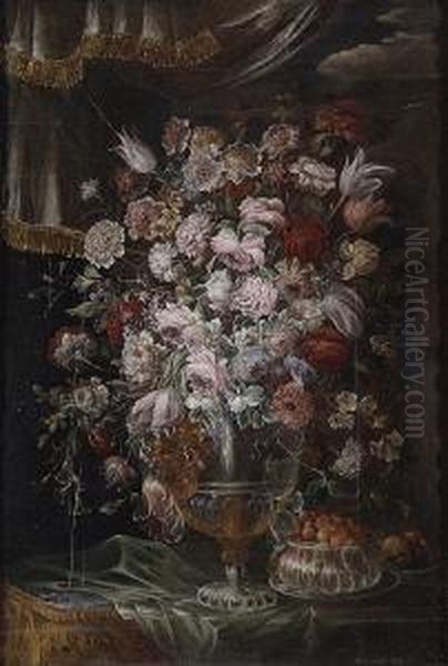 Jarron De Flores Y Frutero Con Cerezas Oil Painting by Bartolommeo Bimbi