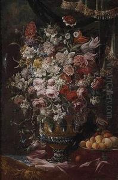 Jarron De Flores Y Plato De Melocotones Oil Painting by Bartolommeo Bimbi