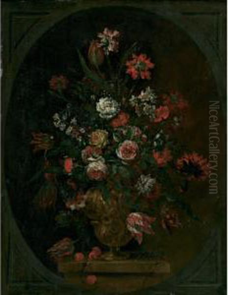 Still Life Of Flowers In An Elaborate Metal Urn On A Plinth With Cherries Oil Painting by Bartolommeo Bimbi