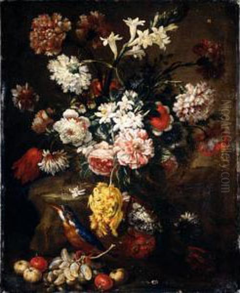 Still Life Of Various Flowers In
 A Basket, Together With Grapes, Crab-apples And A Kingfisher Oil Painting by Bartolommeo Bimbi