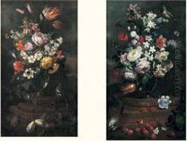 Nature Morte Aux Bouquet De Fleurs, Cerises Et Oiseau Oil Painting by Bartolommeo Bimbi