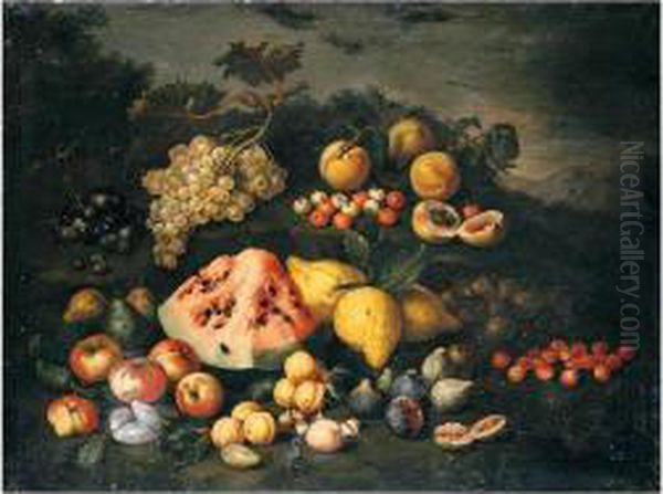 Still Life Of Watermelon, 
Lemons, Peaches, Apples, Plums, Cherries And Figs In An Open Landscape Oil Painting by Bartolommeo Bimbi