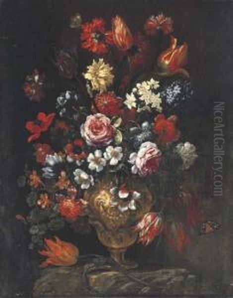 Tulips, Roses, Poppies, 
Chrysanthemums, Hyacinths And Other Flowers With Butterflies In A 
Sculpted Vase On A Ledge Oil Painting by Bartolommeo Bimbi