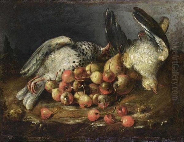 A Still Life With Two Pigeons, Cherries, Rose-hips And Pears, All In A Landscape Setting Oil Painting by Bartolommeo Bimbi