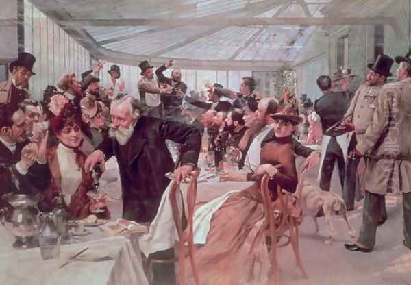 Scandinavian Artist's Luncheon at Cafe Ledoyen on Varnishing Day, 1886 Oil Painting by Hugo Birger