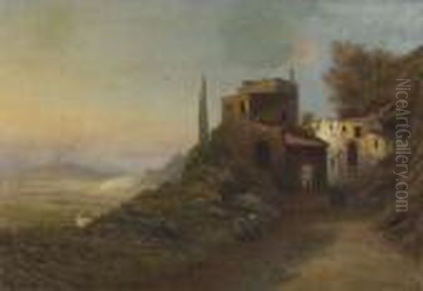 Blick Von Einer Italienischen Villa In Eine Ebene Mit Vulkan Oil Painting by Caesar Bimmermann