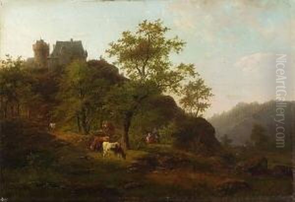 Hugelige Landschaft Mit
 Schloss. Oil Painting by Caesar Bimmermann