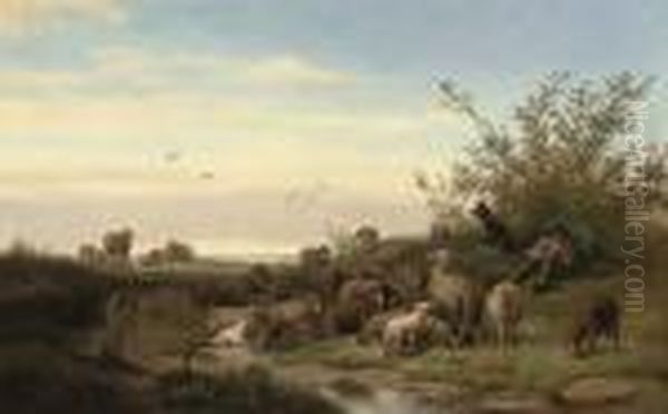 A Shepherd Resting With His Flock Oil Painting by Caesar Bimmermann