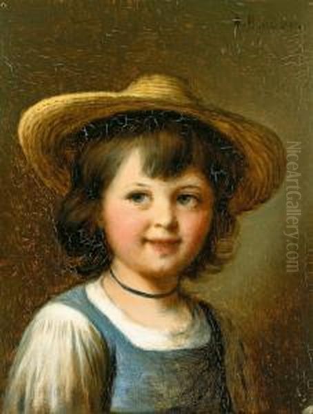 Portrait Eines Lachelnden Kleinen Madchens Mit Strohhut Oil Painting by Alois Binder