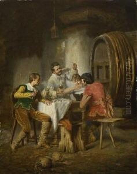 Frohliche Gesellschaft Im Weinkeller. Oil Painting by Alois Binder