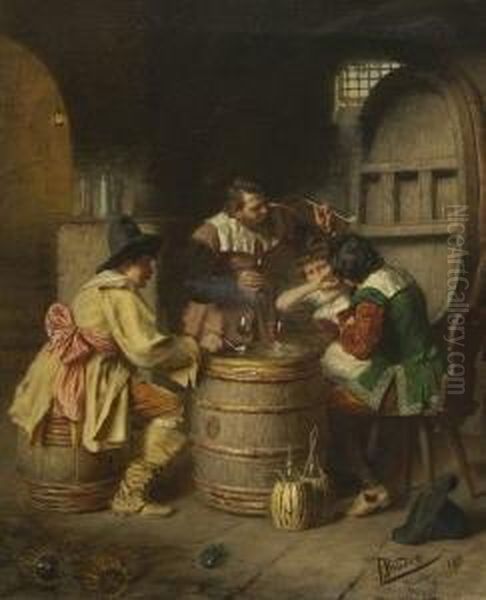 Lustige Unterhaltung Im
 Weinkeller. Oil Painting by Alois Binder