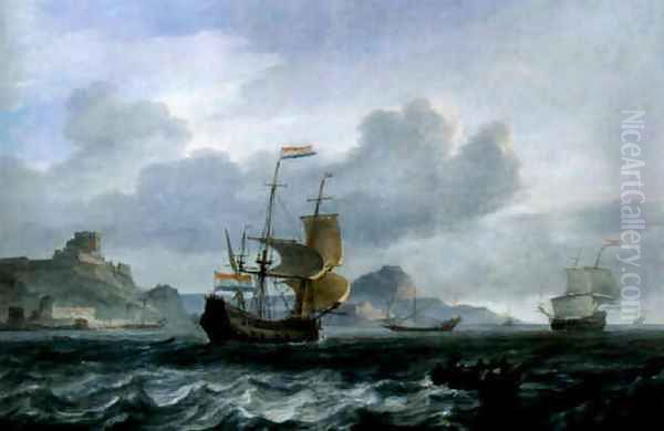 An Amsterdam man-of-war setting out from Mediterranean harbour Oil Painting by Jan Theunisz Blanckerhoff