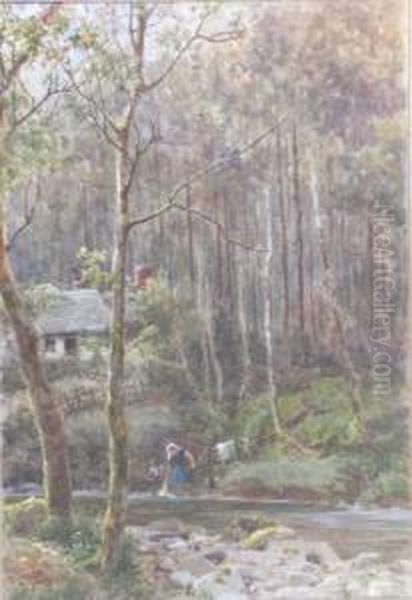 A Woman At A Stream In A Wooded Landscape Oil Painting by James Georges Bingley