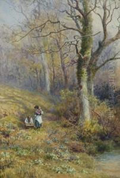 Picking Primroses - Children Under Trees Oil Painting by James Georges Bingley