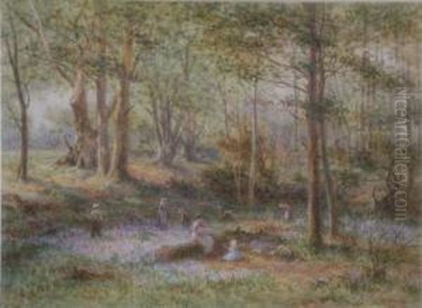 Children Picking Bluebells Initialled 10.25 X 14.5in Oil Painting by James Georges Bingley