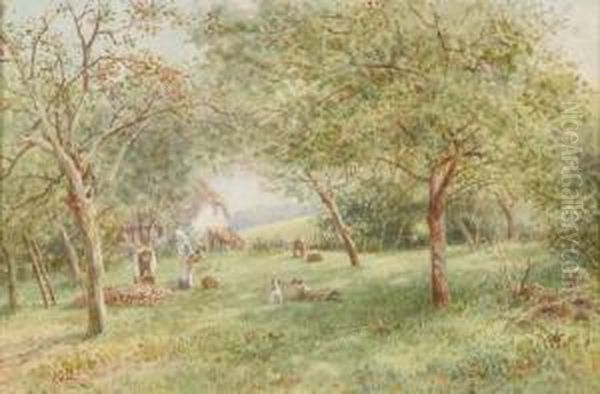 Family With Child And Dog In Cider Orchard, South Devon Oil Painting by James Georges Bingley