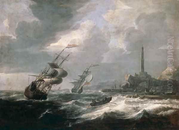 Seascape with lighthouse of Genoa Oil Painting by Jan Theunisz Blanckerhoff