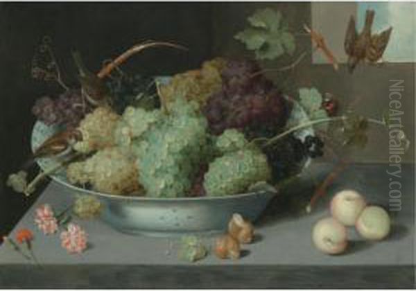 Still Life With Bunches Of 
Grapes In A Porcelain Bowl, Three Sparrows, And A Butterfly, With 
Peaches And Snails On The Stone Ledge Below Oil Painting by Peter Paul Binoit