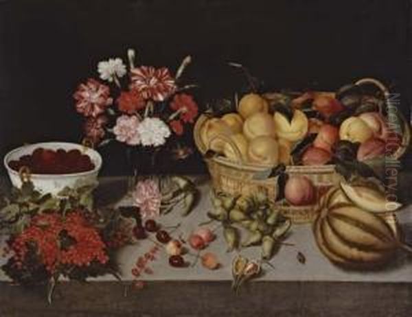 A Basket Of Peaches And Plums, 
Carnations In A Vase, A Bowl Of Blackberries, A Melon, Cherries, 
Hazelnuts And Redcurrants On A Table Ledge Oil Painting by Peter Paul Binoit