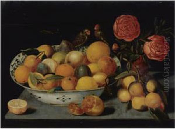 Still Life Of Fruit In A Wanli 
Kraak Porcelain Bowl Resting On A Table With A Pomegranate, A Bunch Of 
Oranges, Roses In A Vase And Two Parrots Oil Painting by Peter Paul Binoit