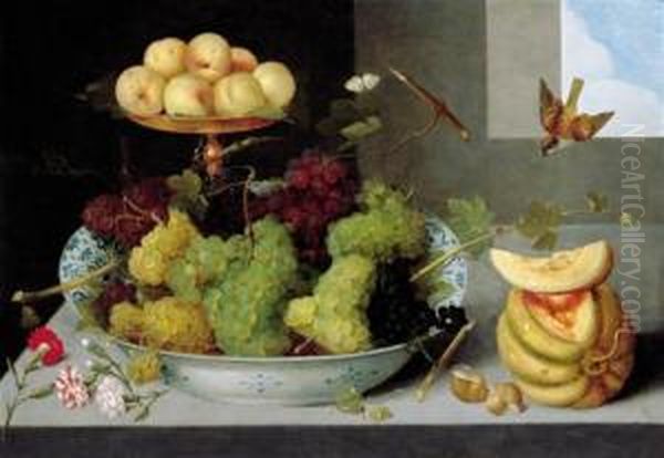 With A Melon, Shells And Carnations On A Stone Ledge, With Two Birds And A Ladybird Oil Painting by Peter Paul Binoit