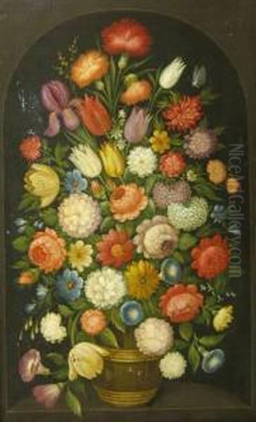 Mixed Bouquet In A Vase In A Niche Oil Painting by Peter Paul Binoit