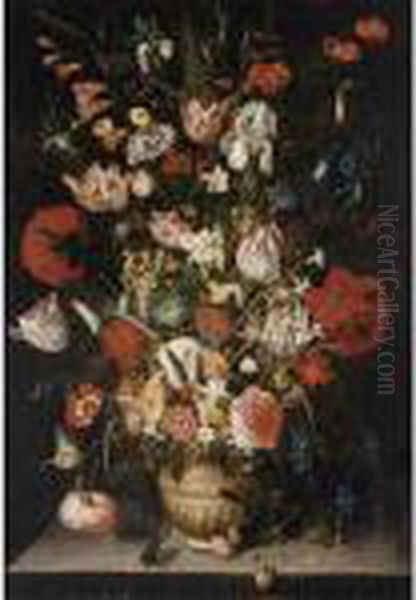 A Still Life With Tulips, Roses,
 Irises, Carnations, Raceme Daffodils, Poppy Anemones, Hyacinth And 
Other Flowers In A Stoneware Vase, With A Butterfly And A Stag Beetle On
 A Stone Ledge Oil Painting by Peter Paul Binoit