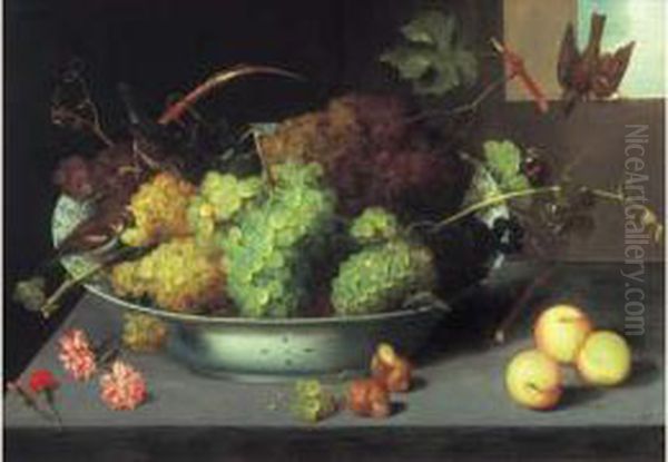 Nature Morte Au Bol De Raisins Et Trois Oiselets Oil Painting by Peter Paul Binoit